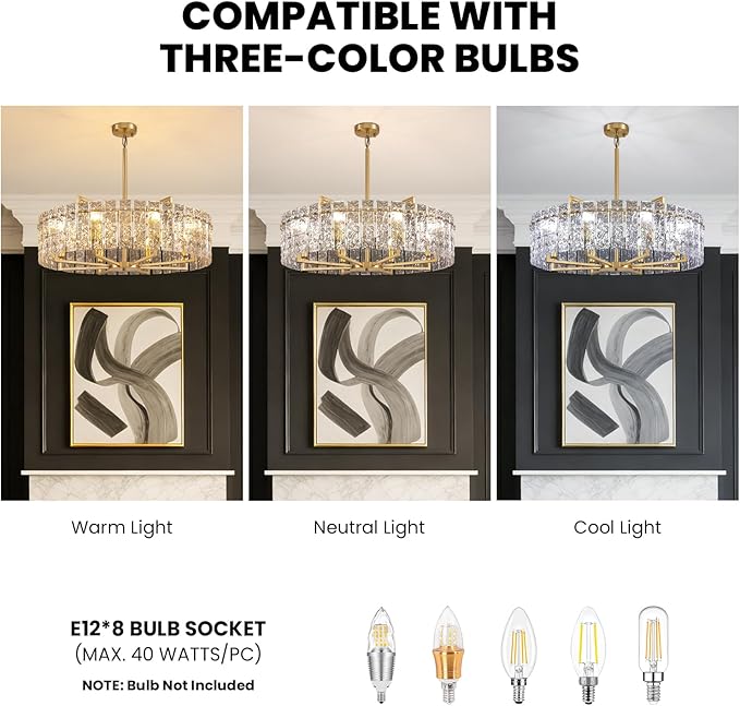 31.5" Modern Water Ripple Glass Chandeliers, Luxury 8-Light Round Drum Chandelier, Large Gold Pendant Lighting Fixtures for Living Room Dining Room Bedroom Hotel