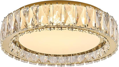 Crystal Dimmable Flush Mount Ceiling Light, Gold Modern LED Close to Ceiling Light Fixture with 5CCT 2700K-6000K, Round Kitchen Lighting for Bedroom Laundry Room, Hallway, Living room (15in 36W)
