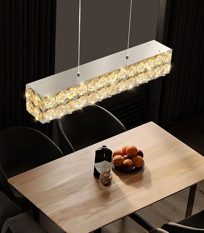 24'' Modern Crystal Chandelier for Dining Room Ceiling Light Fixture for Living Room Hallway Lighting LED Dimmable with Remote Silver