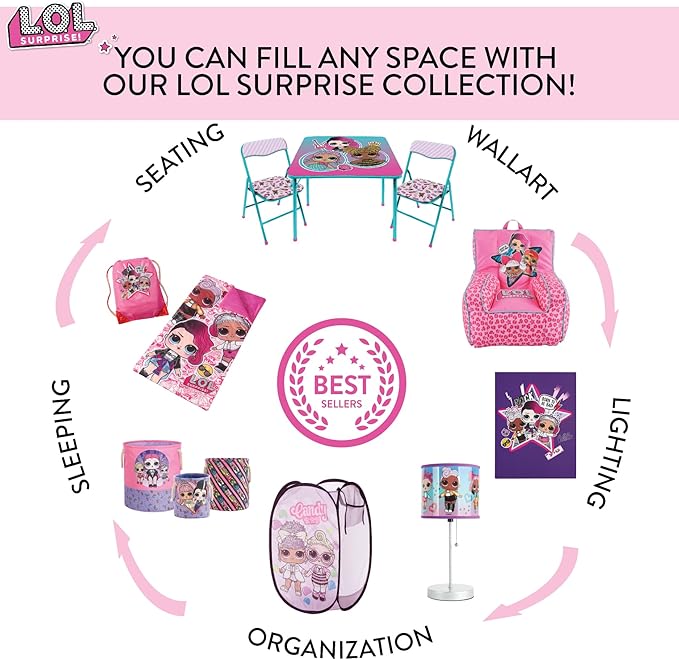 LOL Surprise Kids Stick Table Lamp,Pull Chain On/Off with Themed Printed Decorative Shade, Bedroom & Playroom Lighting