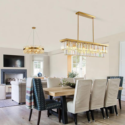 Siljoy Rectangular Gold Crystal Chandelier for Dining Room, 12-Light Modern Rectangle K9 Crystal Raindrop Chandelier Dimmable Ceiling Light for Living Room Kitchen Island, L47'' x W10'' x H10''