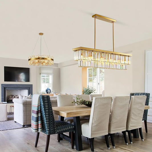 Siljoy Rectangular Gold Crystal Chandelier for Dining Room, 12-Light Modern Rectangle K9 Crystal Raindrop Chandelier Dimmable Ceiling Light for Living Room Kitchen Island, L47'' x W10'' x H10''