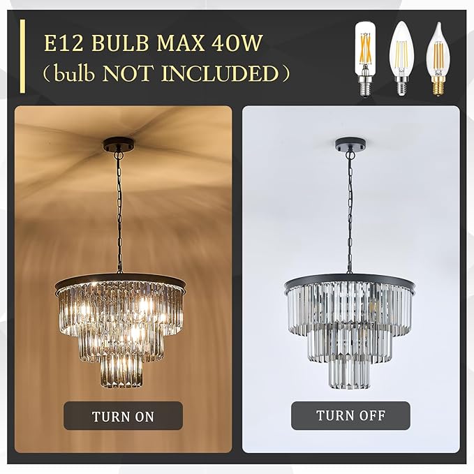 CATINER Modern Smoke Gray Crystal Chandeliers, Black 20” Round Chandelier 3 Tiers 7 Lights Luxury K9 Crystal Ceiling Pendant Light Fixture for Dining Room Foyer Bedroom Closet