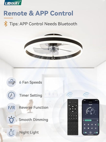 LEDIARY Low Profile Ceiling Fans with Lights, Flush Mount Modern Ceiling Fan and Remote Control, 19.7" LED Ceiling Fans, Stepless Dimmable 3 Colors and 6 Speeds - Black