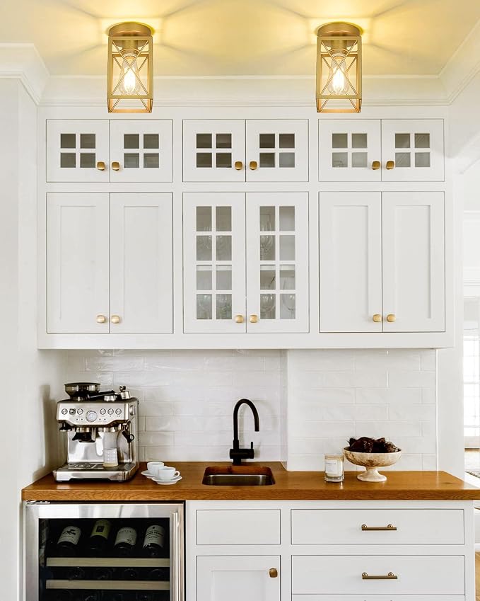Semi Flush Mount Ceiling Light,Metal Cage Farmhouse Light Fixture Hardwired for Entryway, Hallway, Kitchen Over Sink, Bathroom,Laundry Room,Modern Industrial Vintage Style,Single E26 Bulb（Gold,1PK）