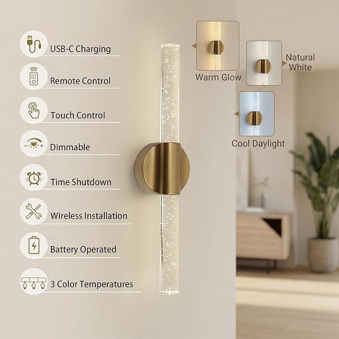 Battery Operated Wall Sconces Set of 2, Rechargeable Wall Lights with Remote Control & Dimmable, Wireless Wall Lamp Fixtures Not Hardwired for Bedroom Living Room Hallway (5400mAh, Gold)