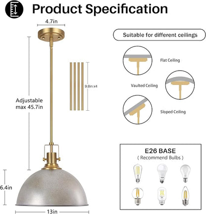 LamQee 13 Inch Antique Silver Metal Pendant Light Kitchen Island, Farmhouse Modern Dome Pendant Light Fixtures Ceiling Hanging Lighting Chandelier for Dining Room Over Table, Bar, Hallway, Entryway