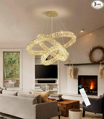 HAIXIANG Modern Glam Chandelier Crystal LED Remote Rings Chandelier Adjustable Hanging Ceilings Pendant Lights Fixture Gold 16"+24"+32" Rings Lighting