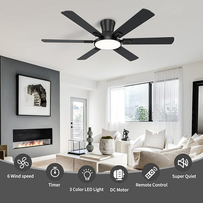 52 Inch Black Ceiling Fan with Lights and Remote, Flush Mount Low Profile 6 Blades with 10 Inch Lighting Fixture, Quiet Reversible DC Motor for Living Room, Bedroom and Patio