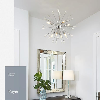 27.3" 8-Light Silver Sputnik Chandelier Modern Industrial Adjustable Firework Globe Ceiling Fixture for Living Room, Entryway, Dining, Bedroom, Hallway, Stairway