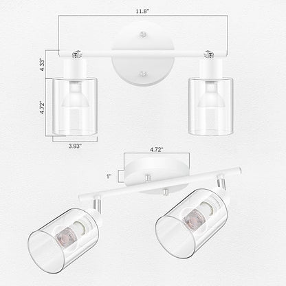 BoostArea 2-Light Bathroom Light Fixtures, White Modern Vanity Wall Lights with Clear Glass Shade, Flexibly Ceiling Light for Mirror Kitchen Living Room Hallway Cabinet Porch