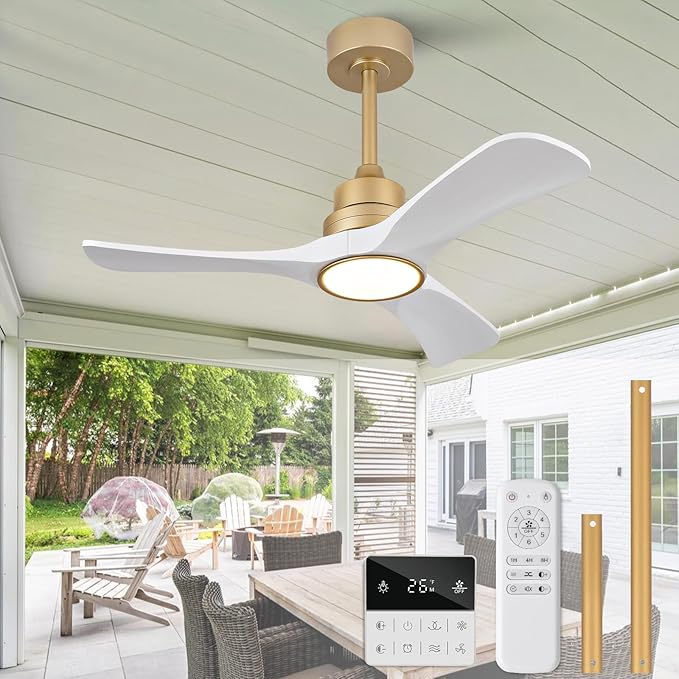 White Gold Ceiling Fans with Lights,36 inch Solid Wood Ceiling Fan with Remote Control,Wall Switch,Dimmable,Reversible,Power Off Memory Modern Ceiling Fan Indoor Outdoor for Bedroom Patio