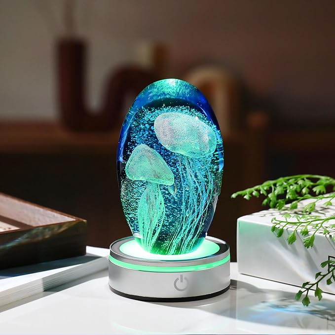 Hand Blown Glass Jellyfish Lamp - Ocean Themed Crystal Ball Desk Decor with LED Light, Aquarium & Beach Room Decoration, Collectible Figurine Paperweight Gift for Women (Purple)