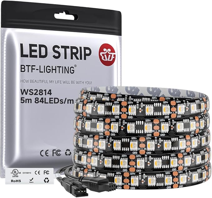 BTF-LIGHTING WS2814 IC RGBW RGB+Cool White(Similar WS2812B),Addressable DC12V 16.4FT 84LED/m 28pixel/m,UL Listed,4 Colors in 1 Dream Color LED Strip 12mm Width PCB IP65(No Adapter or Controller)