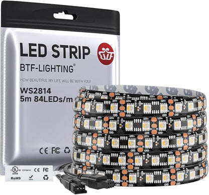 BTF-LIGHTING WS2814 IC RGBW RGB+Cool White(Similar WS2812B),Addressable DC12V 16.4FT 84LED/m 28pixel/m,UL Listed,4 Colors in 1 Dream Color LED Strip 12mm Width PCB IP65(No Adapter or Controller)