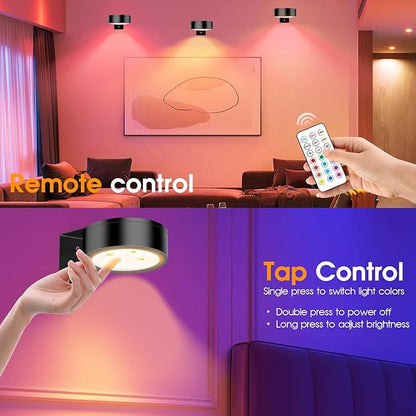 RGB Picture Light Battery Operated Painting Lights for Wall Wireless Magnetic Display Art Light with Remote Controls,Dimmable&Timer for Art Frame Artworking,3Pack Black