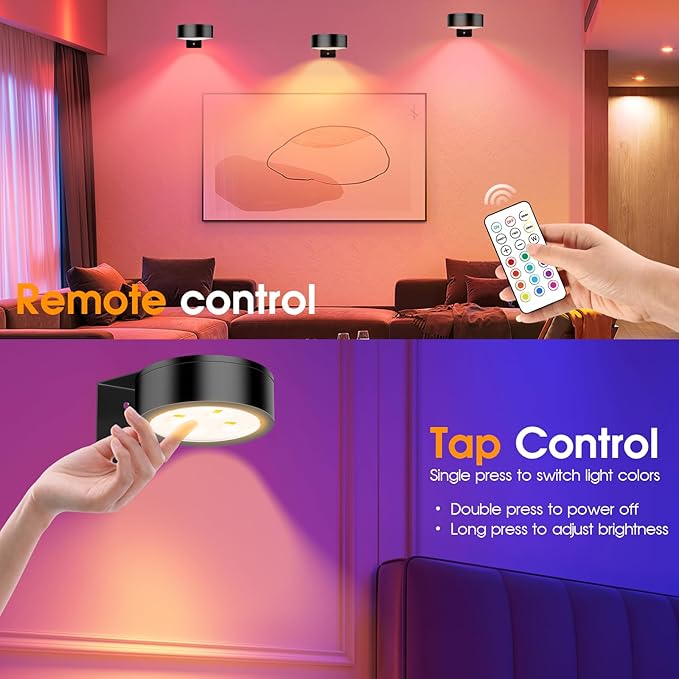 RGB Picture Light Battery Operated Painting Lights for Wall Wireless Magnetic Display Art Light with Remote Controls,Dimmable&Timer for Art Frame Artworking,6Pack Black