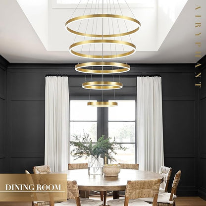 Gold Modern LED Chandeliers 5 Rings Chandelier for High Ceiling 31" Large Foyer Chandelier Entryway Dimmable Pendant Light Fixture for Living Room Staircase, 3000K-6500K