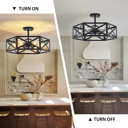 Modern Semi Flush Mount Ceiling Light,19.7" 6-Light Hexagon Flush Mount Ceiling Lights for Dining Room Light Fixture,Farmhouse Black Metal Kitchen Island Lighting Fixtures for Hallway,Bathroom