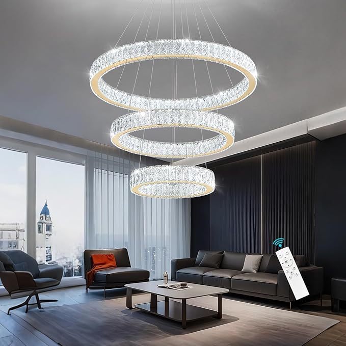 Modern Crystal Chandelier 55W Dimmable LED Chandeliers with Remote Luxury Height Adjustable Pendant Lighting for Living Room Dining Room Gold