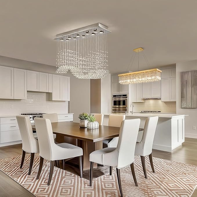 Siljoy Modern Wave Crystal Chandelier for Dining Room 10 Lights Luxury Rectangular Flush Mount Crystal Ceiling Light for Living Room Kitchen Island Length 40 Inch