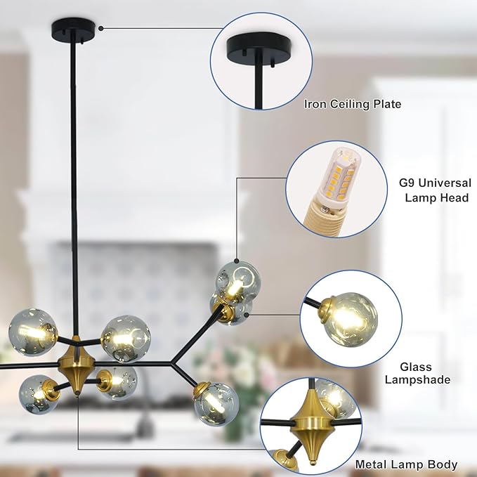 Depuley Glass Globe Sputnik Chandelier: 10-Light Modern Matte Black and Gold Ceiling Light Fixture - Vintage Hanging Chandeliers for Living Room Kitchen Dining Room Bedroom (Included G9 Bulbs)