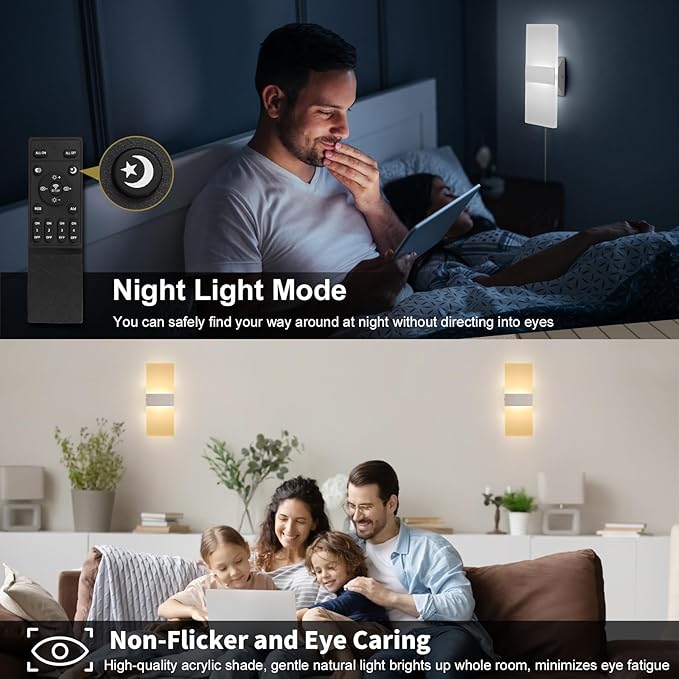 GOODATE 4 Pack Plug in Wall Sconces with Remote Control, Dimmable, Adjustable 3000K-6500K Colors, Silver 12W Acrylic LED Plug in Wall Light, Wall Lamps for Bedroom Living Room Hallway Stair