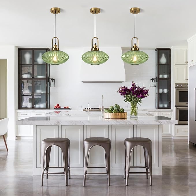 12 Inch Green Pendant Lights Vintage Chandelier Pendant Lighting Modern Mid Century Hanging Lights Adjustable Kitchen Island Light for Dining Room Bedroom Hallway