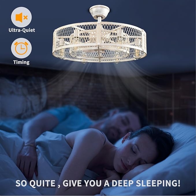 Depuley Outdoor Ceiling Fan with Light: 26" Caged Ceiling Fans with Remote Control for Patio Kitchen Bedroom - Farmhouse Fandelier Flush Mount Lights Fixture Reversible 6 Speed Timer Cement