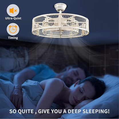 Depuley Outdoor Ceiling Fan with Light: 26" Caged Ceiling Fans with Remote Control for Patio Kitchen Bedroom - Farmhouse Fandelier Flush Mount Lights Fixture Reversible 6 Speed Timer Cement