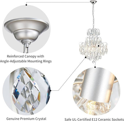 WUZUPS 5-Light Crystal Candle Chandelier Pendant Ceiling Modern Lighting Fixture for Bedroom Hallway Bar Kitchen Bathroom, H 22.8" W19.7, E12 Base, Silver