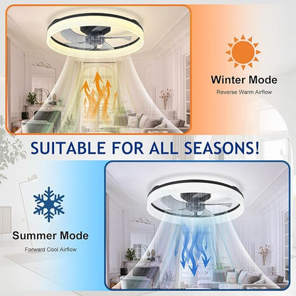 DLLT Bladeless Ceiling Fan with Light: 20" Modern Low Profile Flush Mount Fandelier with App & Remote Control - Black Dimmable LED Ceiling Fans for Bedroom Kids Room Living Room
