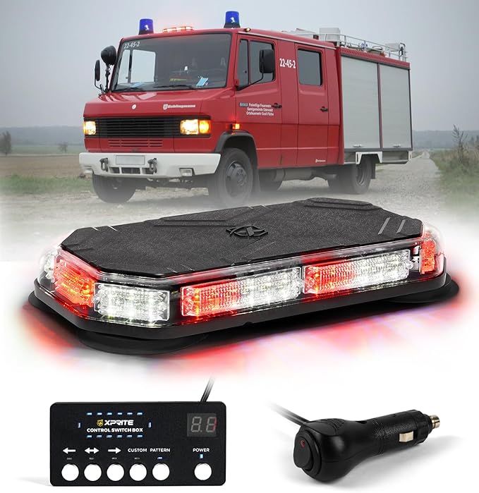 Xprite White Red Rooftop Emergency Strobe Light Bar, Beacon Safety Flashing Volunteer Firefighter Lights w/Control Panel Magnetic Base for First Responder Vehicles Fire Trucks