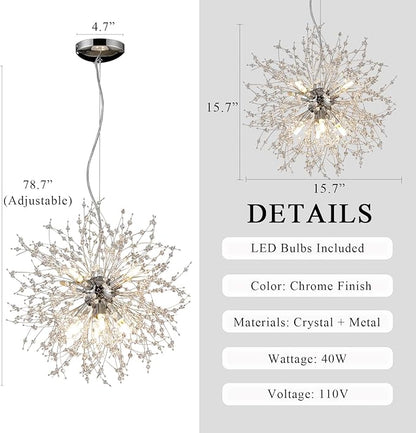8-Light Modern Firework Chandeliers, Round Sputnik Hanging Lamp, Chrome Crystal Beaded Lighting, Small Dandelion Pendant Light for Entryway Dining Room Kitchen Island (Chrome, D15.7inch)