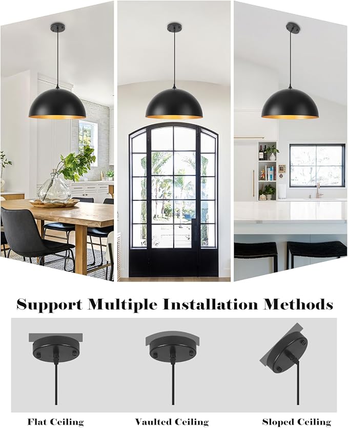 Black Pendant Lights Kitchen Island, 16 Inch Black and Gold Dome Pendant Light, Modern Farmhouse Pendant Light for Kitchen Island, Dining Room, Cafe, Bar, 2 Pack