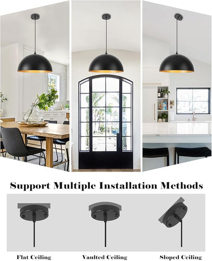 Black Pendant Lights Kitchen Island, 16 Inch Black and Gold Dome Pendant Light, Modern Farmhouse Pendant Light for Kitchen Island, Dining Room, Cafe, Bar, 2 Pack