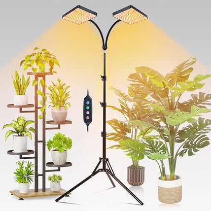 FECiDA 2026 2Head Grow Light with Stand, 50 Watt Power Draw, Bright and Big Coverage Grow Lights for Large Houseplants, Bonsai Tree, 4/8/12/16/20 Hr Timer, 24"-64" Height Adjustable, 360° Gooseneck