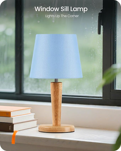 12" Wood Bedside Table Lamps Set of 2, Small Desk Lamps for Small Places, 3 Color Temperatures with Memory, Blue Linen Shade & E26 Bulbs, for Bedroom Living Room Office MU13TLP205
