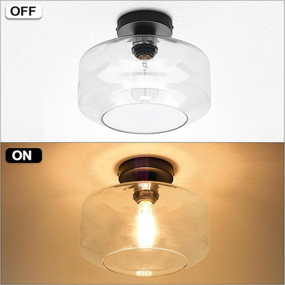 MAXvolador Industrial Semi Flush Mount Ceiling Light Large, Clear Glass Pendant Lamp Shade, Lighting for Hallway, Vintage Hanging Light Fixtures