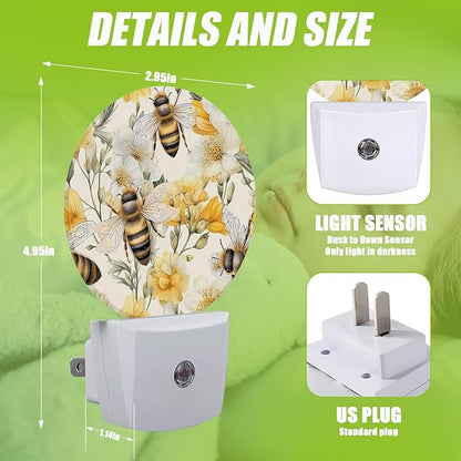 Cute Bee Night Light,Watercolor Floral Night Lights Plug into Wall for Kitchens Toilets Bedroom Decorative Half Round Nightlight Led Lamp 0.5W Sleep Friendly