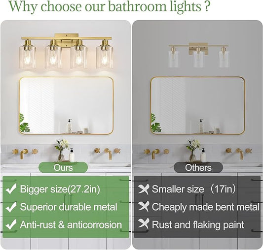 MOKATNG 4-Light Bathroom Light Fixtures, Vanity Light with Clear Glass Shades, Brushed Gold Bathroom Light Fixtures Over Mirror, Modern Bathroom Wall Lamp for Mirror Living Room Cabinet Bedroom