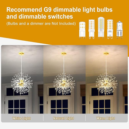 Yiisem Gold Crystal Chandeliers, 9-Light Modern Dandelion Firework Pendant Lighting, G9 Hanging Chandelier Light Fixtures for Dining Room Bedroom Hallway Kitchen Aisle