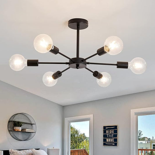 UOFUS Sputnik 6 Light Chandelier Black Mid Century Ceiling Light Fixture Modern Pendant Lighting for Kitchen Dining Room Living Room Bedroom