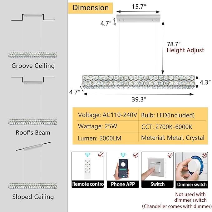 40'' Modern Crystal Chandelier for Dining Room Ceiling Light Fixture for Living Room Hallway Lighting LED Dimmable with Remote Silver