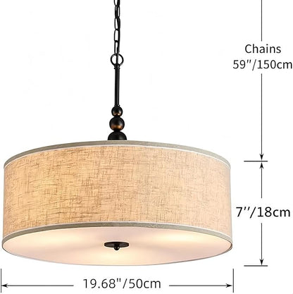 Shrine Lighting Drum Chandeliers, Farmhouse Style, Perfect Drum Pendant Light for Dining Room, D21'' x H8'', Adjustable Chains 59'', E26*3 Sockets, Beige Linen Fabric Lampshade & Black Rod