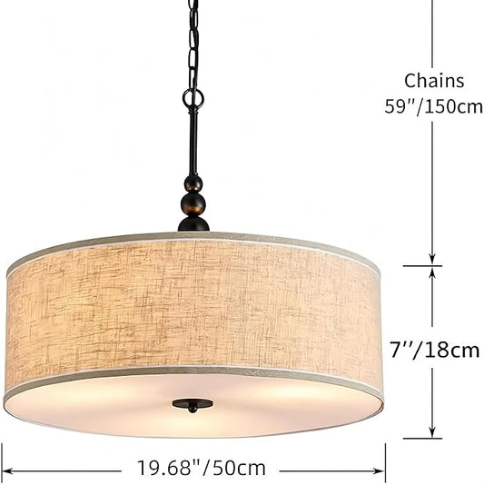 Shrine Lighting Drum Chandeliers, Farmhouse Style, Perfect Drum Pendant Light for Dining Room, D21'' x H8'', Adjustable Chains 59'', E26*3 Sockets, Beige Linen Fabric Lampshade & Black Rod