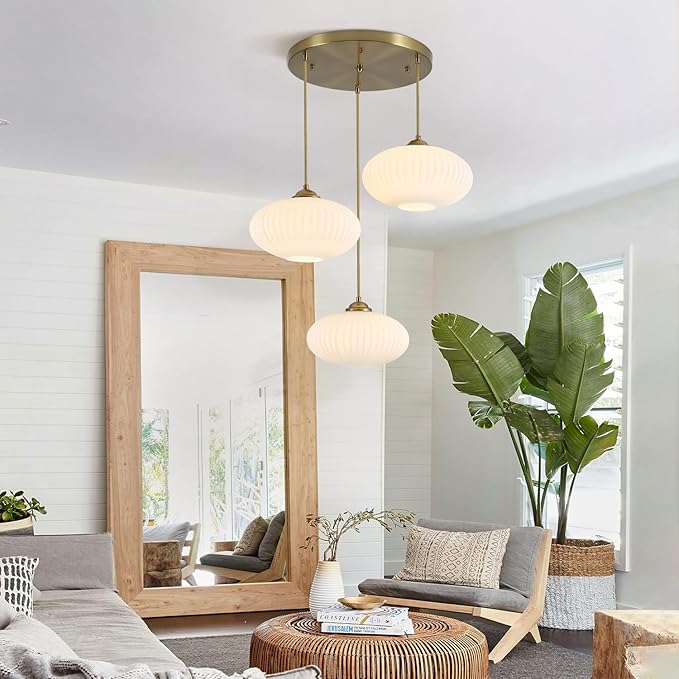 Large White Ribbed Glass Pendant Light Modern 3-Light Cluster Pendant Lighting Mid Century Globe Hanging Pendant Light Brass Gold Chandeliers for Dining Room Living Room