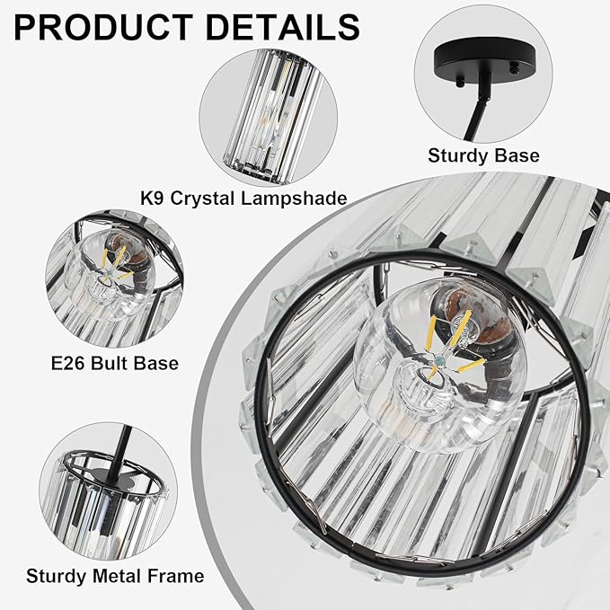 Modern Crystal Pendant Lights, Hanging Light Fixtures Mini Kitchen Island Pendant Lights Adjustable Crystal Chandelier Fixture for Island Dining Room Hallway Bedroom, Black 2-Pack