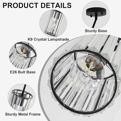 Modern Crystal Pendant Lights, Hanging Light Fixtures Mini Kitchen Island Pendant Lights Adjustable Crystal Chandelier Fixture for Island Dining Room Hallway Bedroom, Black 2-Pack