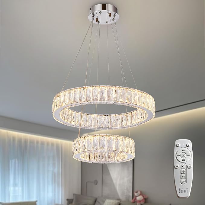 Depuley Modern LED Crystal Chandelier: 11.8" + 19.7" Rings Dimmable Pendant Light Adjustable for Dining Room - 42W Double-Decker Round Crystal Chandeliers for Bedroom Living Room Porch Foyer